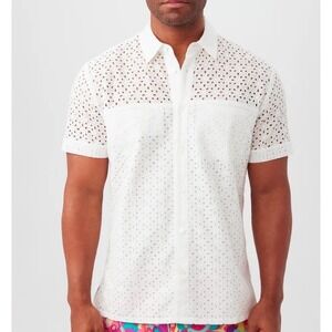 MR TURK Laszlo Shirt Mens White Eyelet Cotton Button Up Short Sleeve Size XL NWT